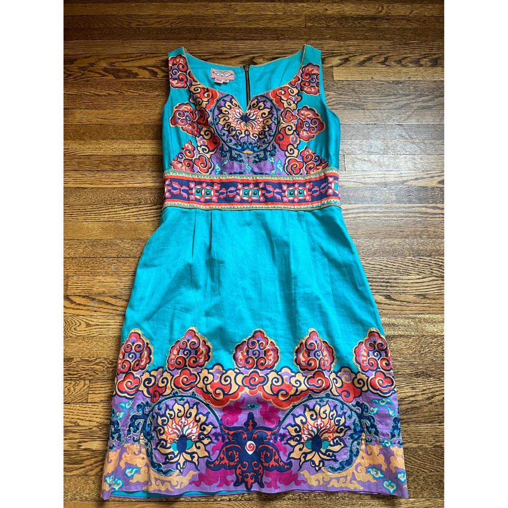 Phoebe Couture Turquoise Paisley Print Cotton Sheath Dress Gold Trim Womens‎ 10